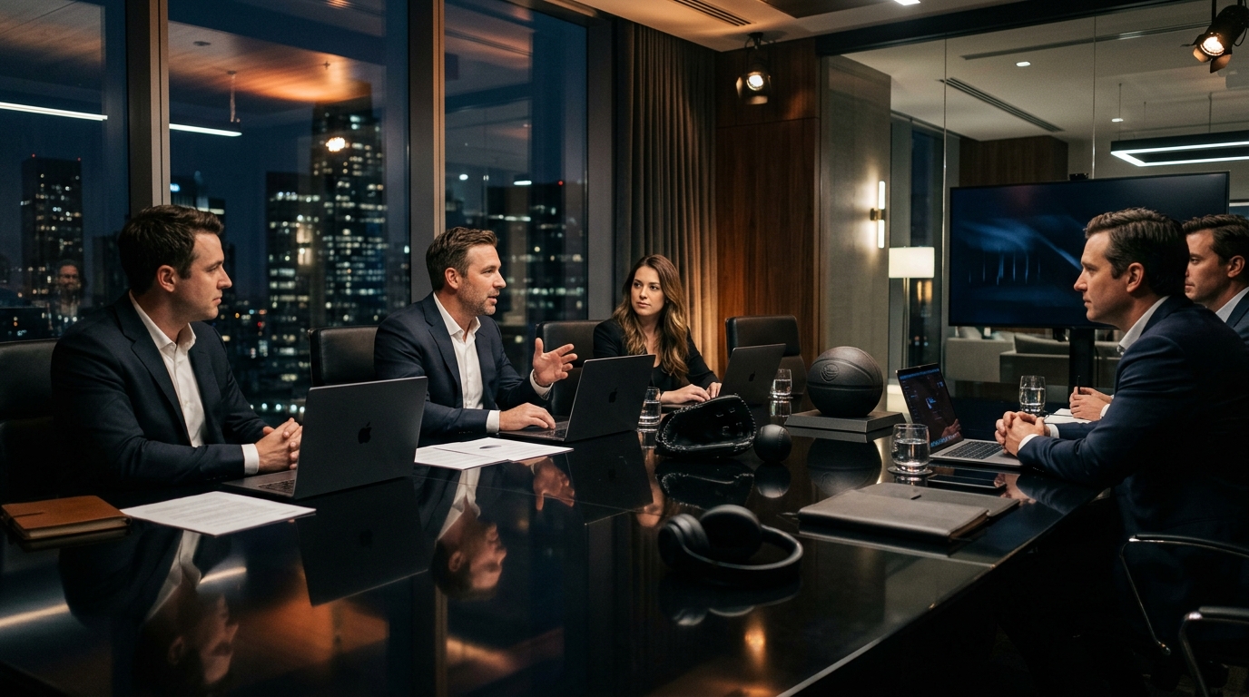 Premium private deal room with sports, music, and brand strategy materials