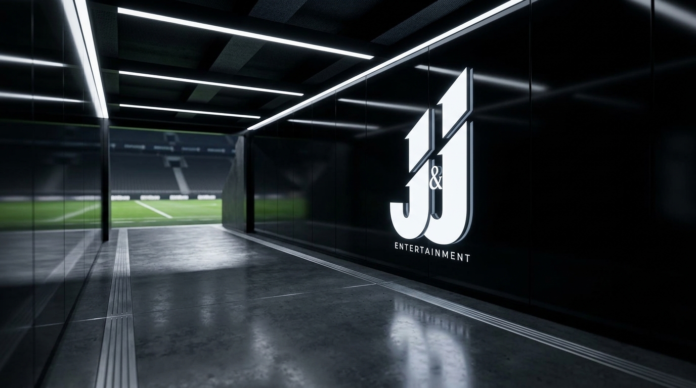 Cinematic J&J Sports & Entertainment brand wall inside a premium arena corridor